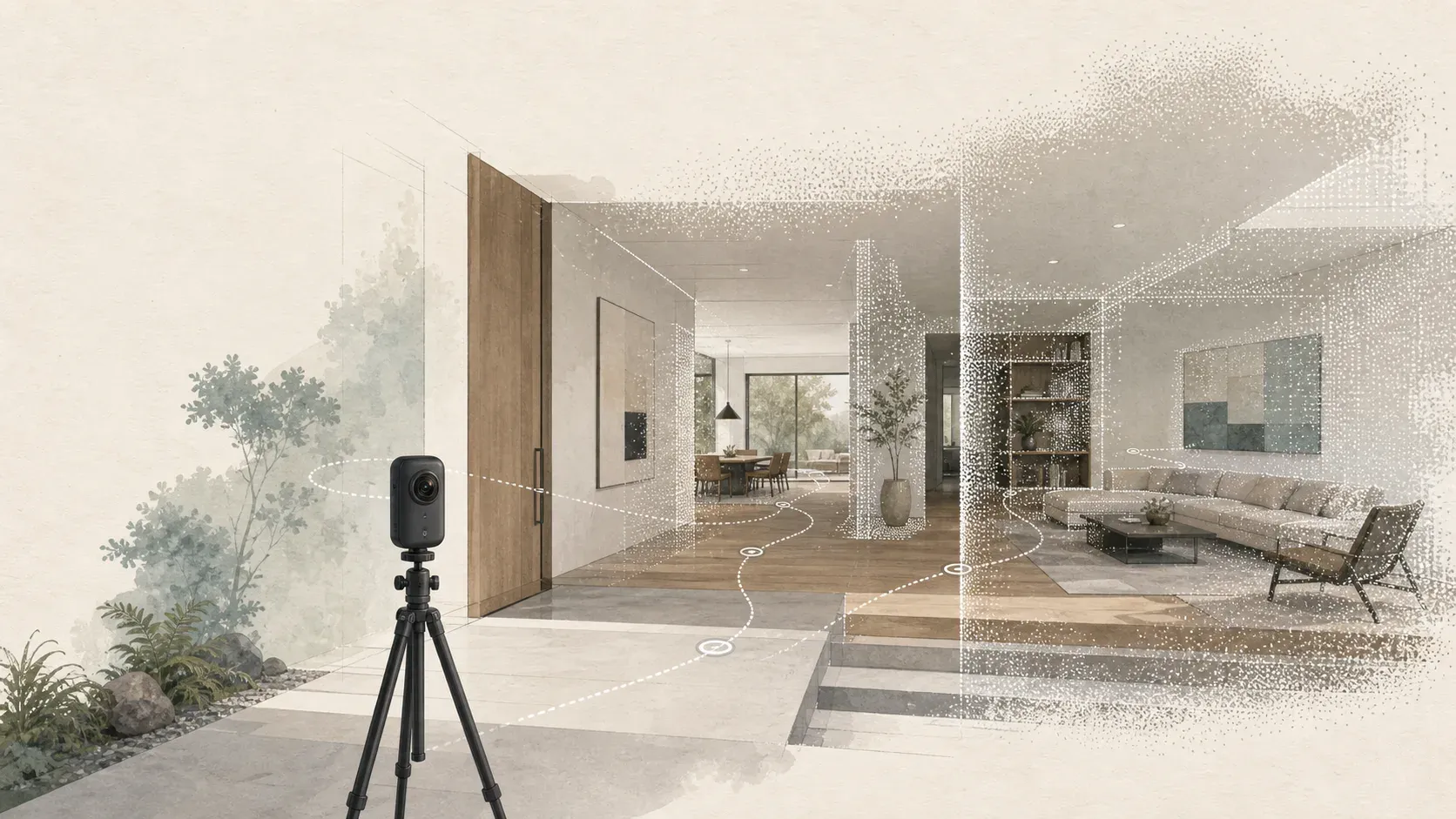 A minimal interior capture scene with a 360 camera path and spatial tour markers