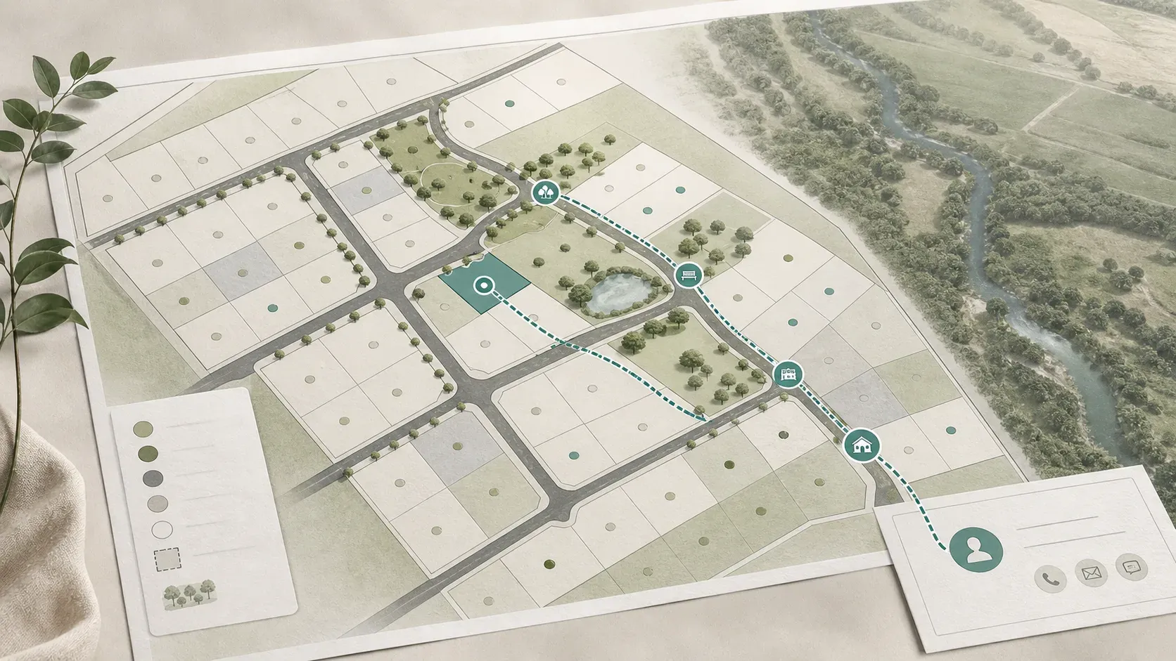 A minimal interactive plot map with parcel outlines, roads, availability markers, and aerial context