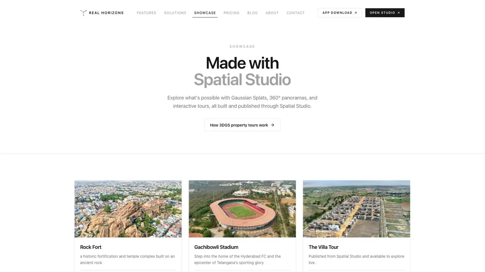 The public showcase grid shows finished Spatial Studio tours as reusable proof for sales and comparison pages.