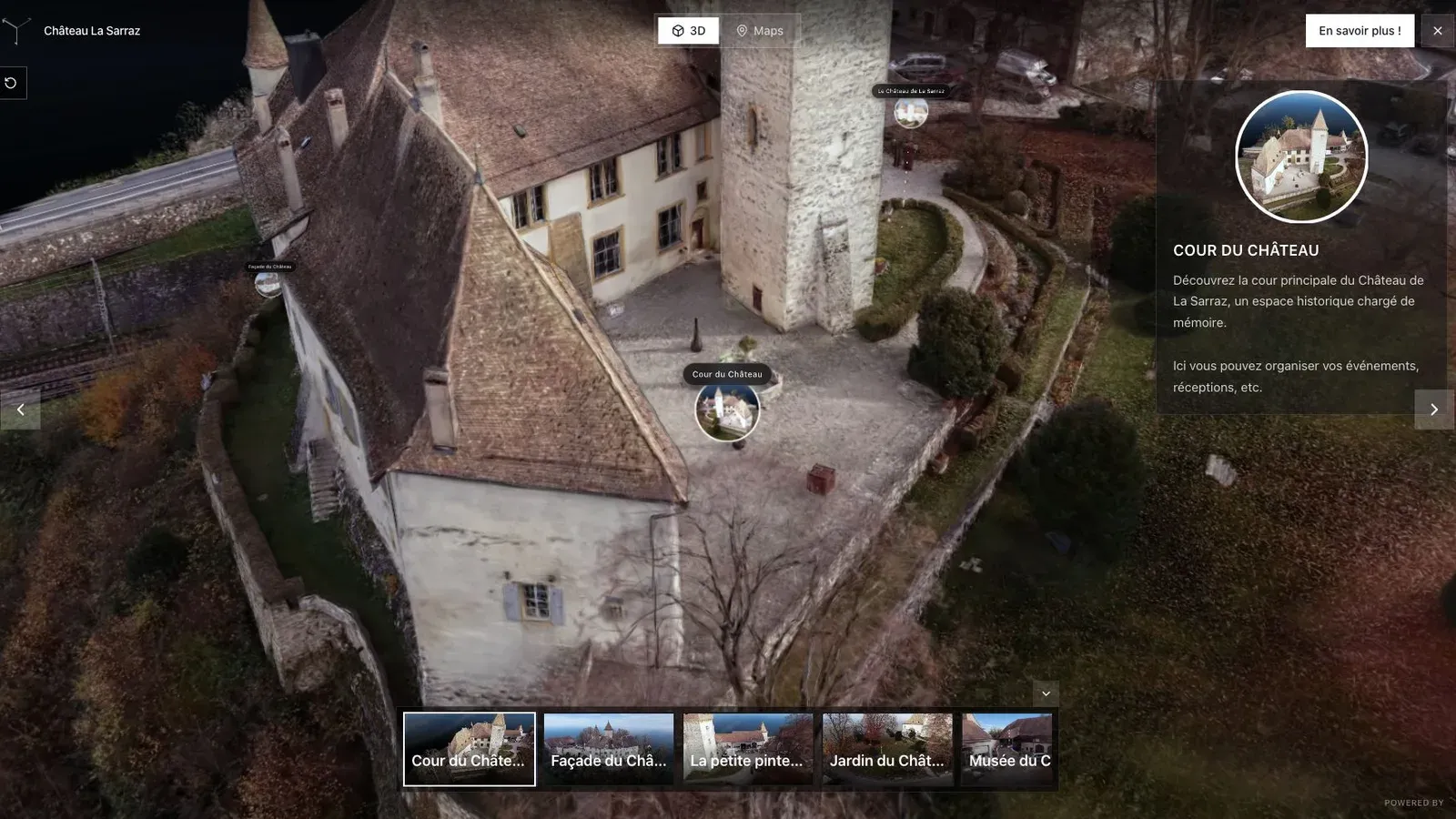 A heritage tour needs guided views so visitors can understand the building, courtyard, and points of interest.