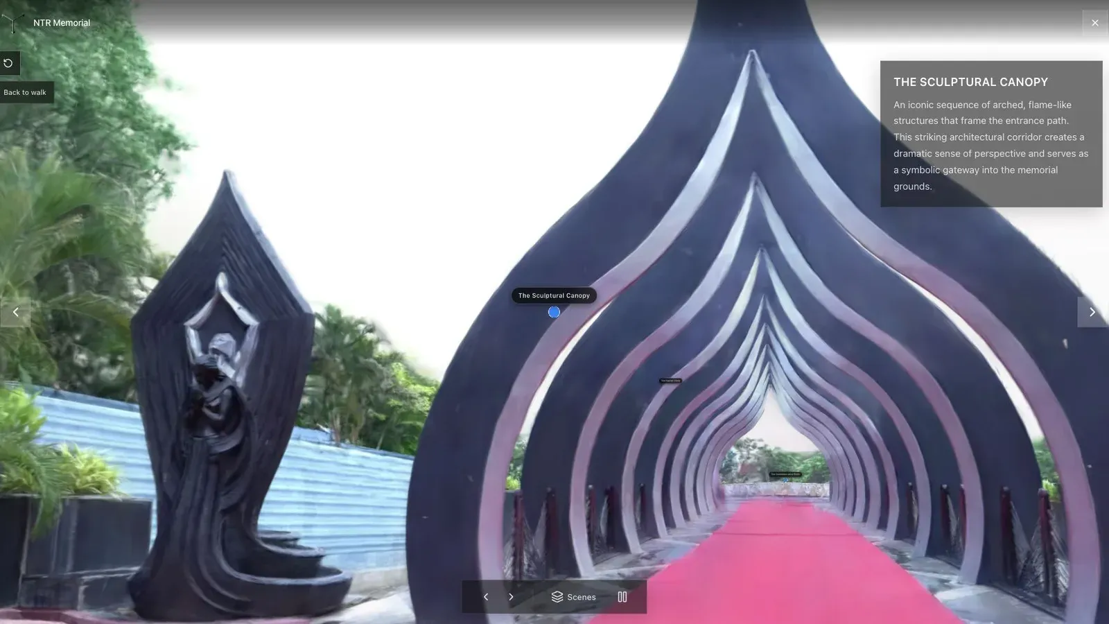 A public-space walkthrough uses a strong opening angle and labeled stops to orient visitors quickly.