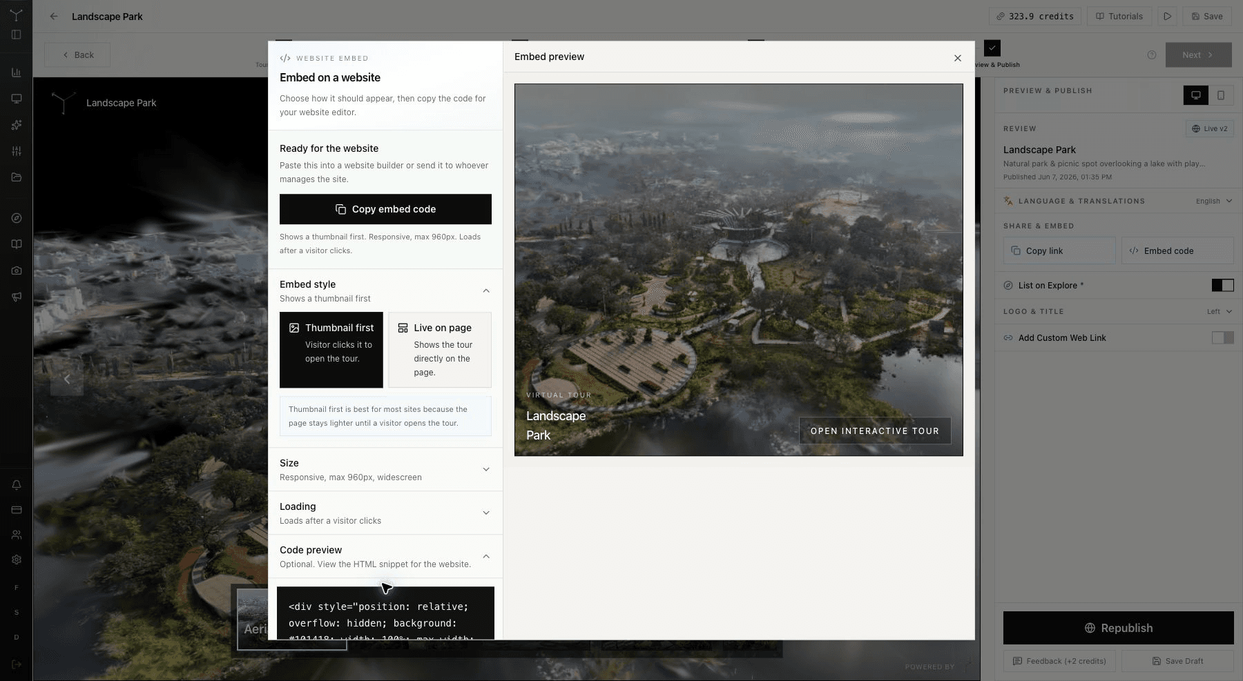 Spatial Studio's embed dialog lets you choose thumbnail-first or live-on-page embeds, sizing, aspect ratio, and loading behavior.