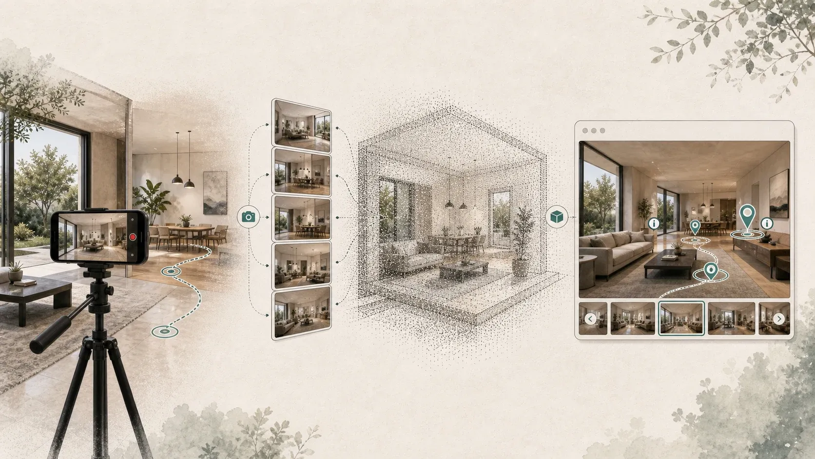 A camera path, video frames, point-cloud reconstruction, and guided browser tour workflow