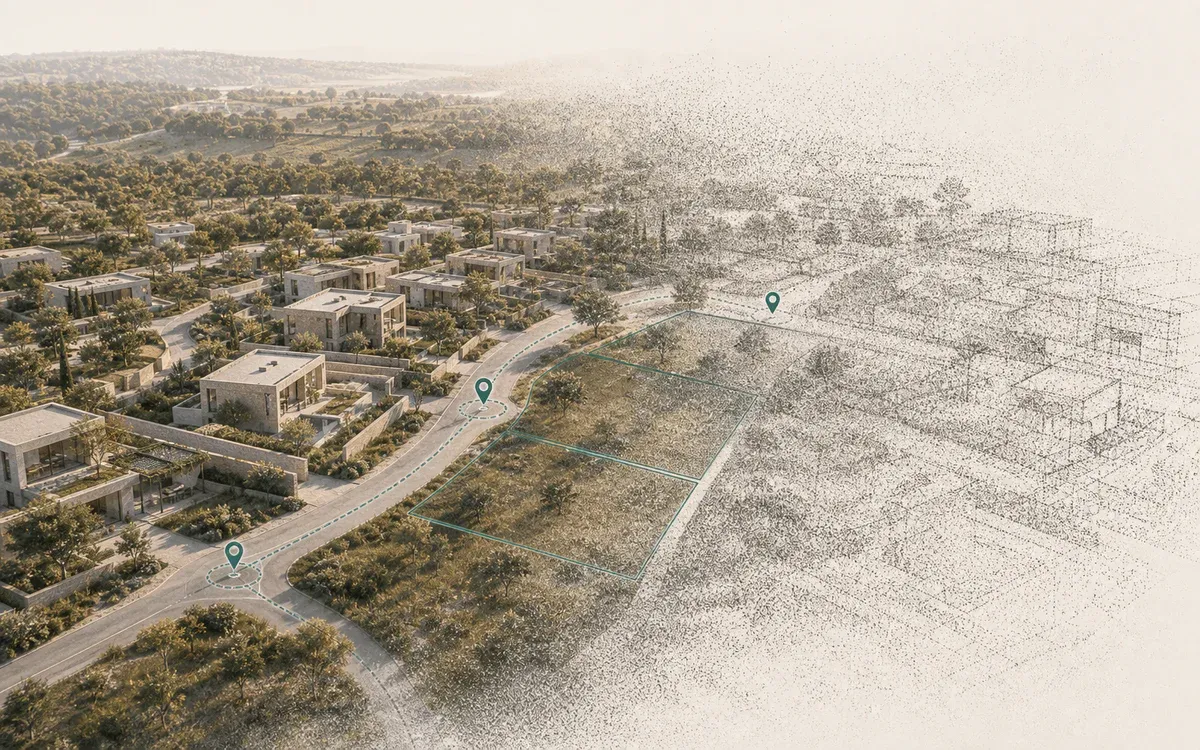 Residential development map with plot boundaries and tour markers