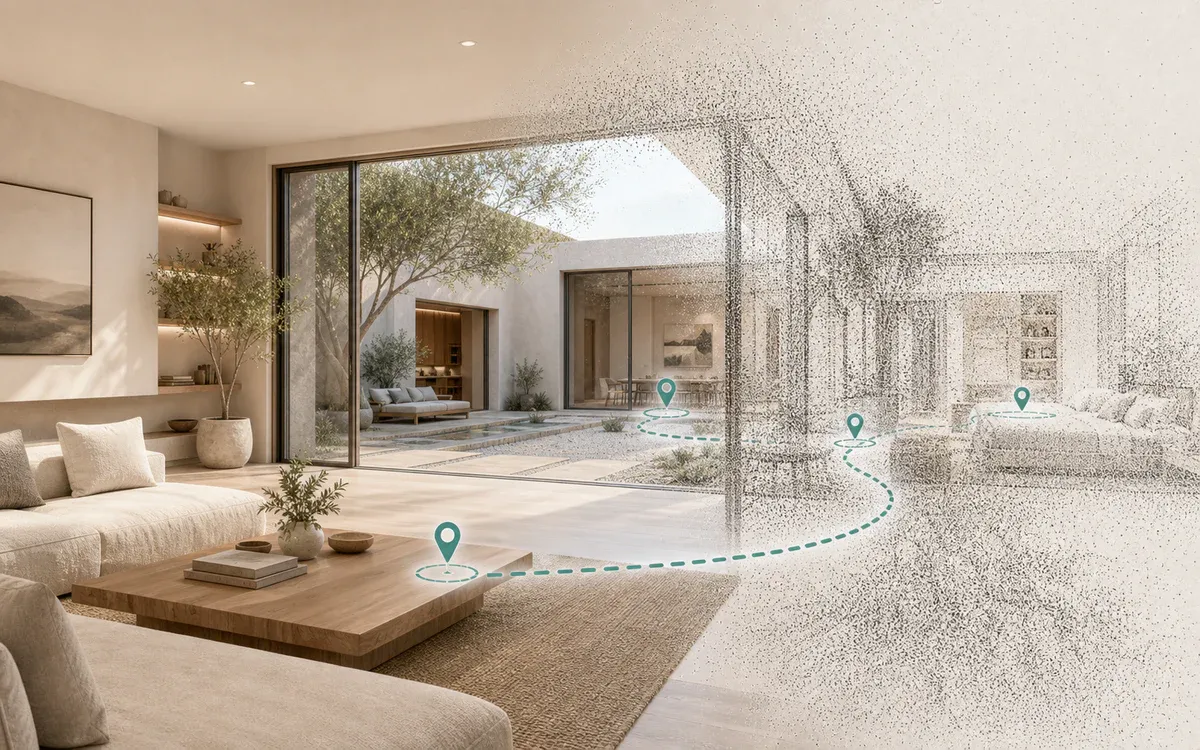Interactive 3D tour path through a contemporary home