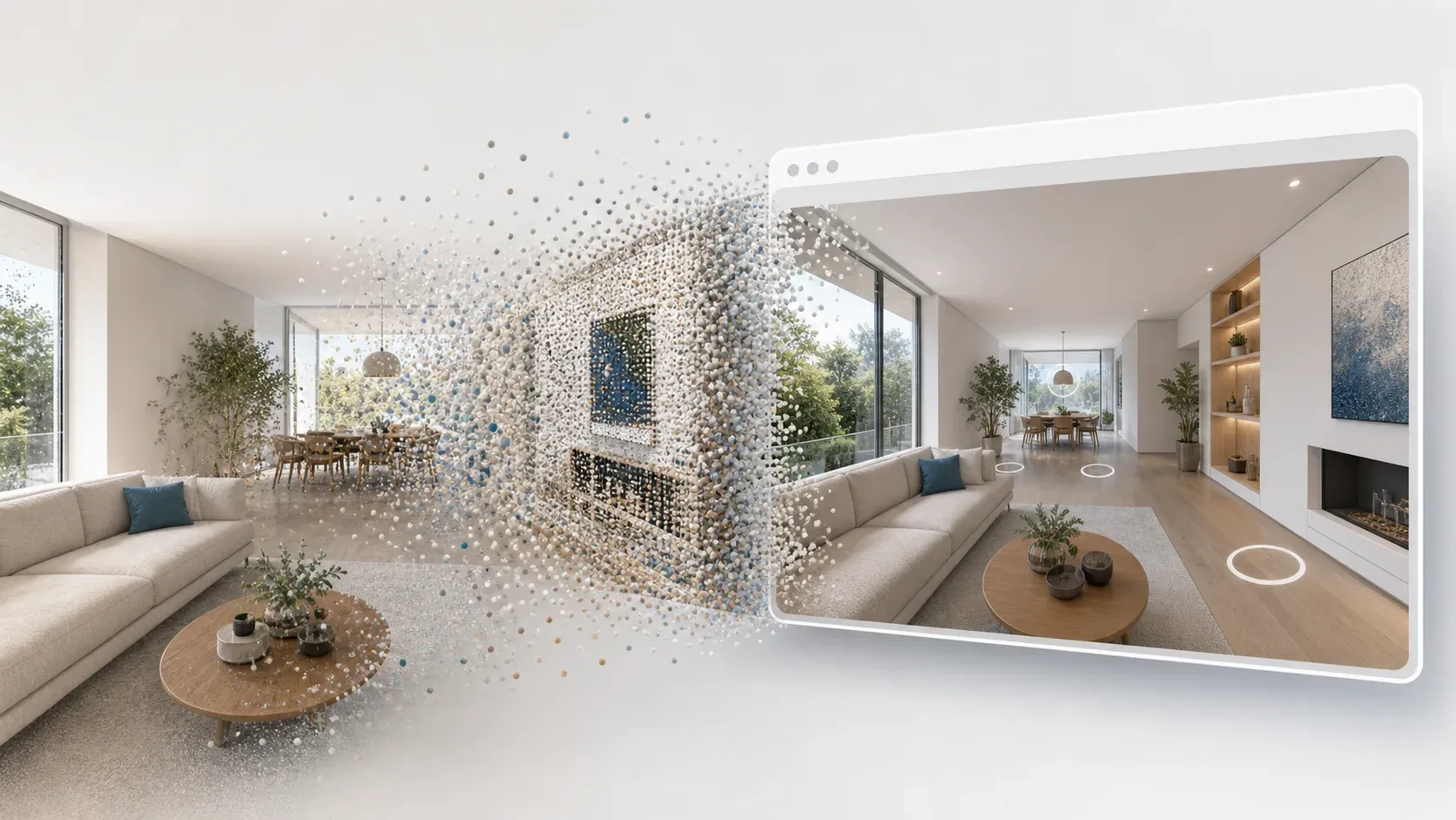 A captured room reconstructed into Gaussian splats and prepared as a browser tour